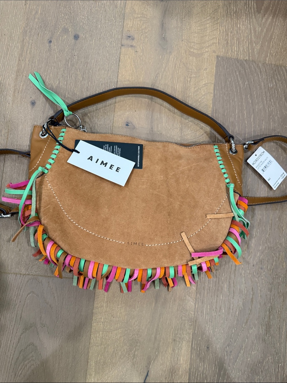 Aimee Leon Dore Tan Suede Shoulder Bag with Pink, Green and Orange Fringe